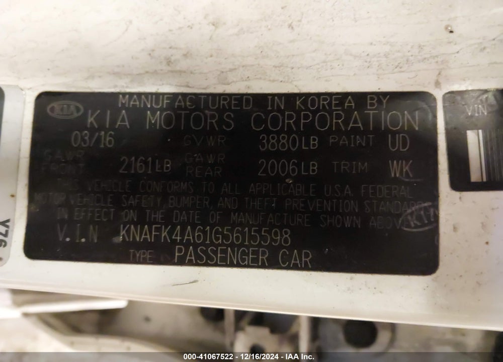 2016 KIA FORTE VIN: KNAFK4A61G5615598