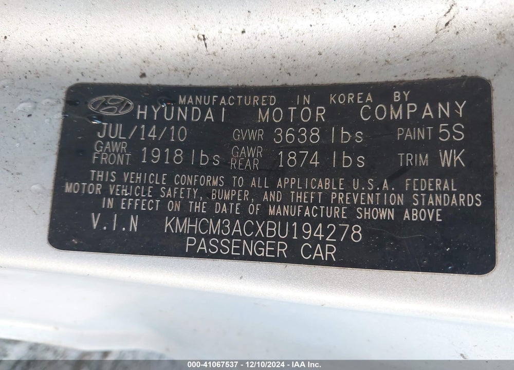 2011 HYUNDAI ACCENT GL VIN: KMHCM3ACXBU194278