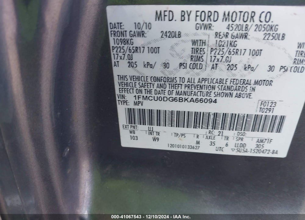 2011 FORD ESCAPE XLT VIN: 1FMCU0DG6BKA66094
