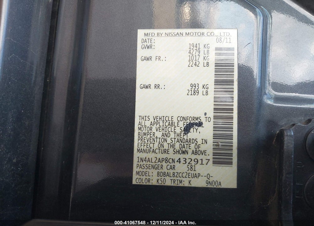 2012 NISSAN ALTIMA 2.5 S VIN: 1N4AL2AP8CN432917