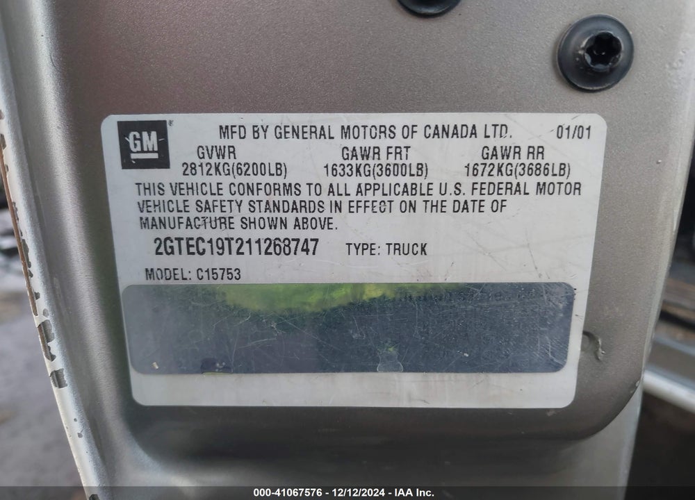 2001 GMC SIERRA 1500 SLE VIN: 2GTEC19T211268747