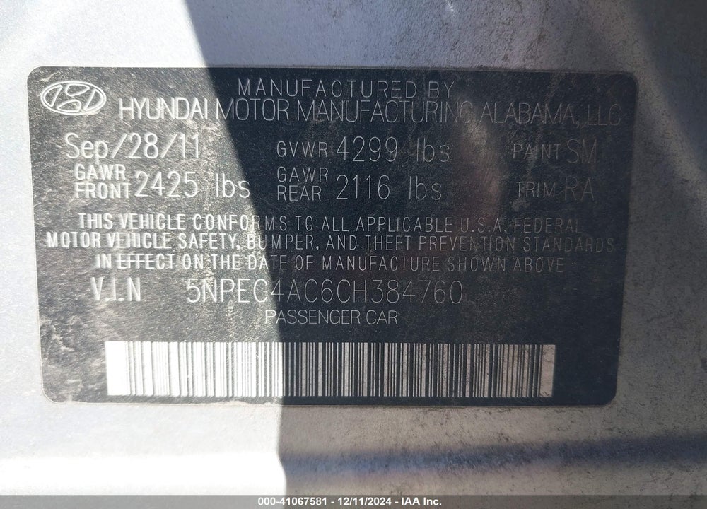 2012 HYUNDAI SONATA SE VIN: 5NPEC4AC6CH384760