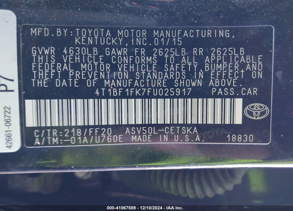 2015 TOYOTA CAMRY SE VIN: 4T1BF1FK7FU025917