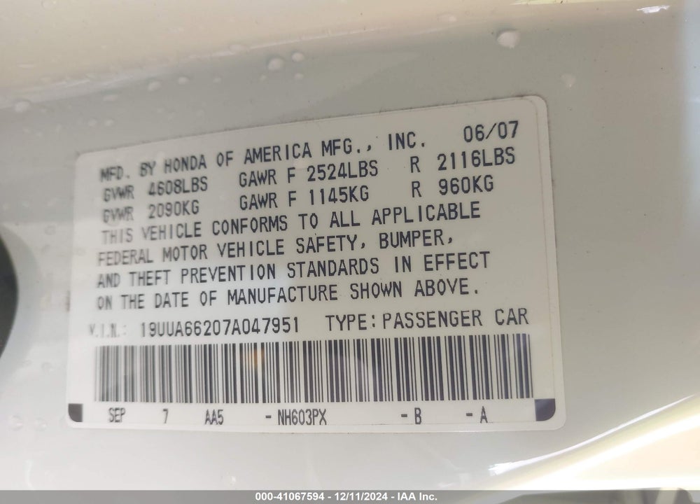 2007 ACURA TL 3.2 VIN: 19UUA66207A047951