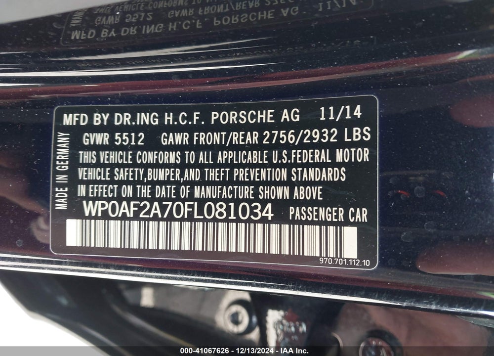 2015 PORSCHE PANAMERA GTS VIN: WP0AF2A70FL081034