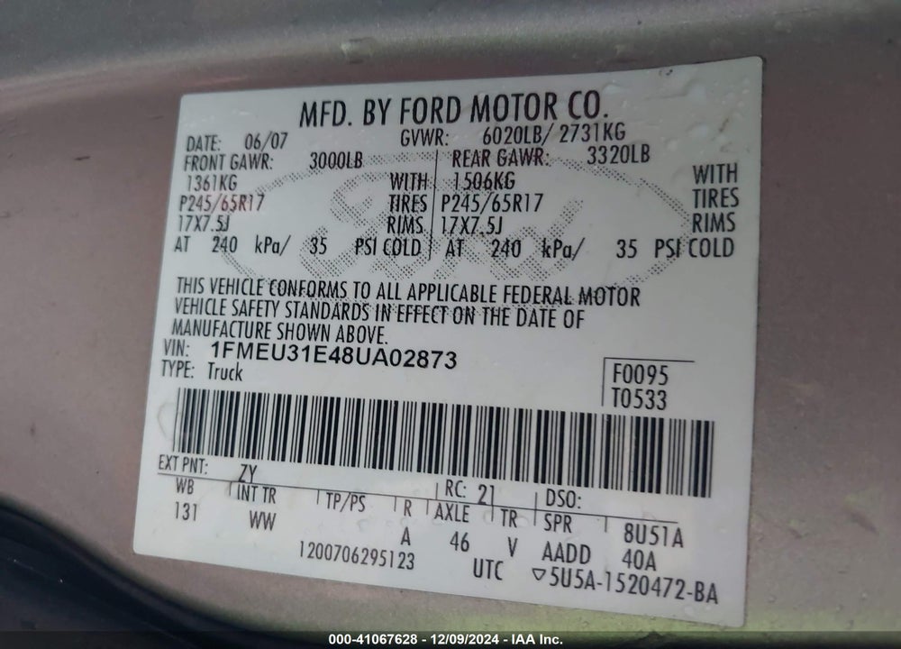2008 FORD EXPLORER SPORT TRAC XLT VIN: 1FMEU31E48UA02873