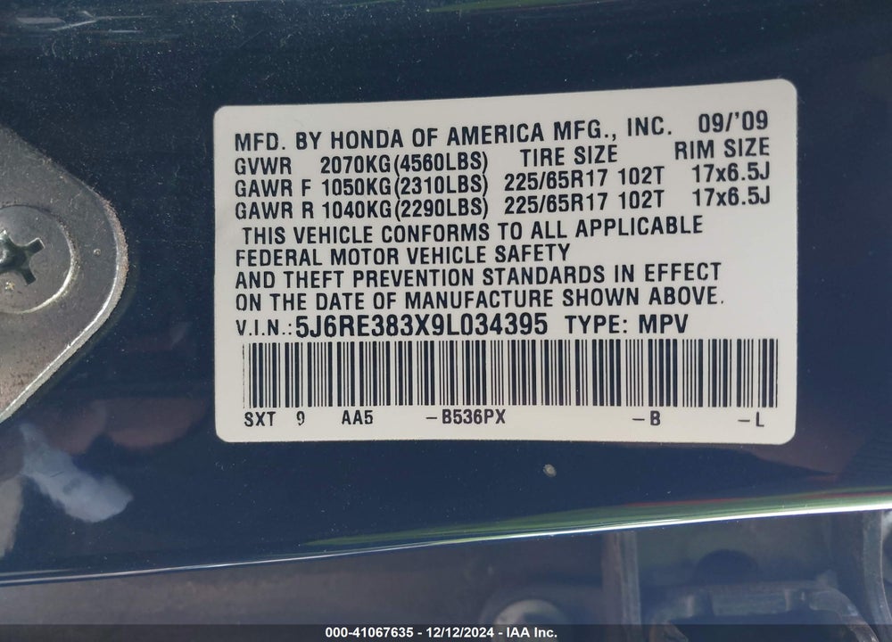 2009 HONDA CR-V LX VIN: 5J6RE383X9L034395