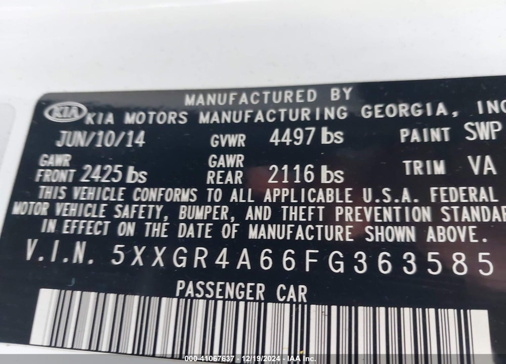 2015 KIA OPTIMA VIN: 5XXGR4A66FG363585