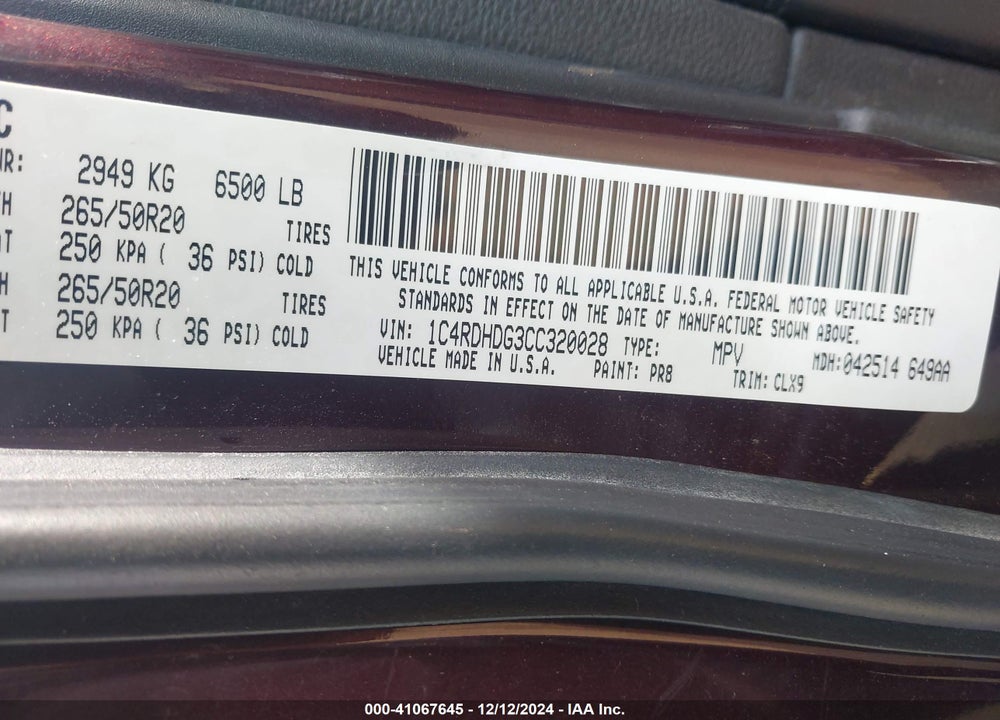 2012 DODGE DURANGO CREW VIN: 1C4RDHDG3CC320028
