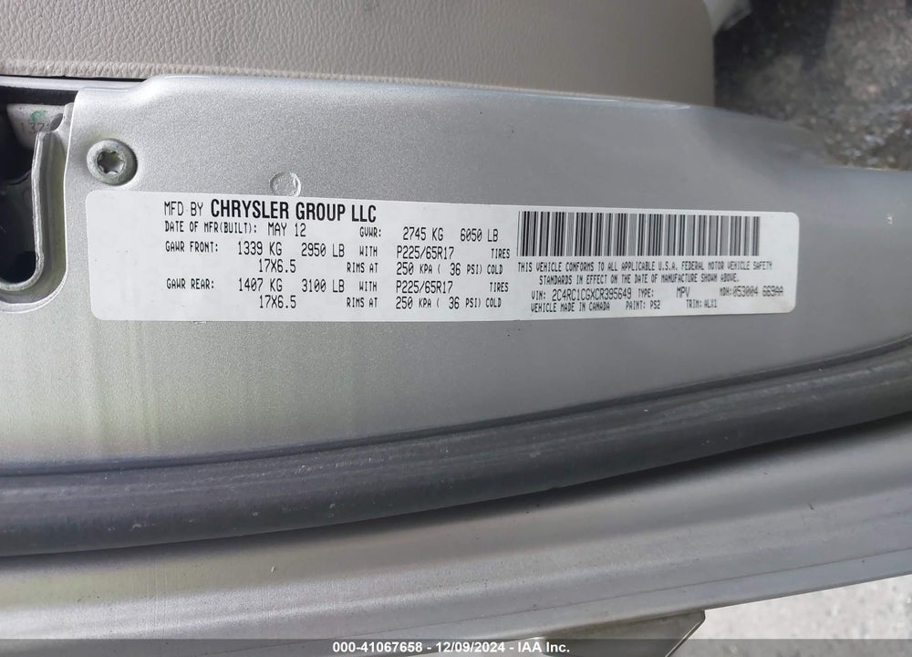 2012 CHRYSLER TOWN & COUNTRY TOURING-L VIN: 2C4RC1CGXCR395649