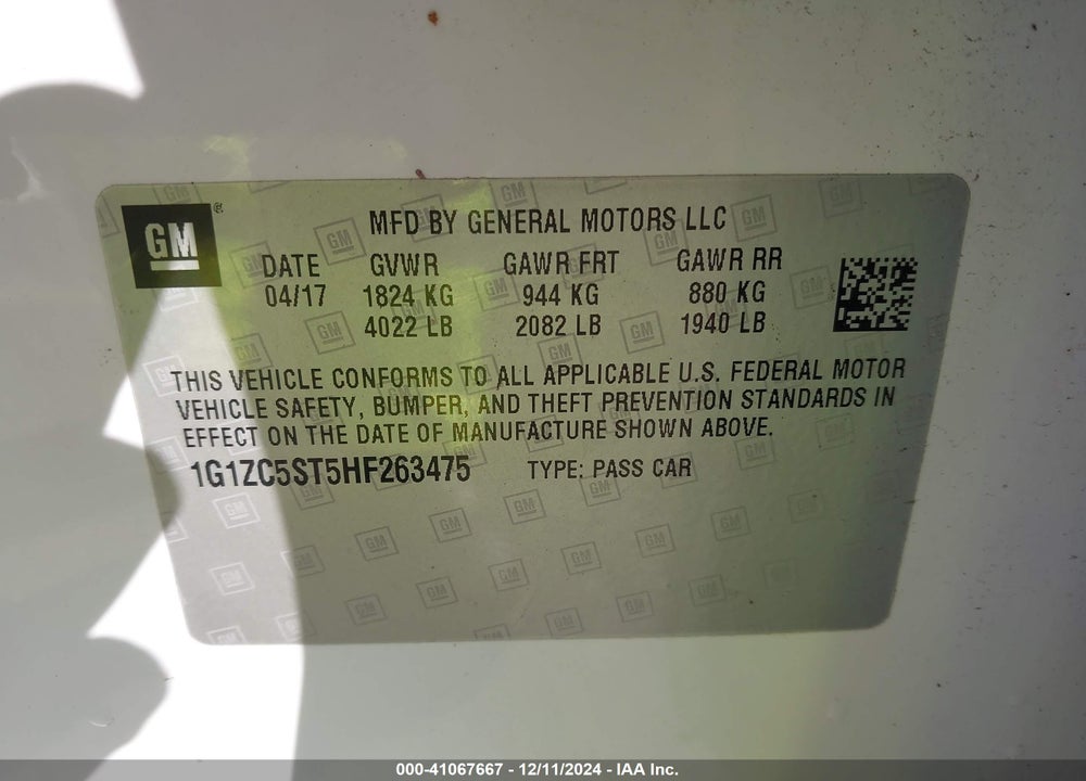 2017 CHEVROLET MALIBU 1FL VIN: 1G1ZC5ST5HF263475