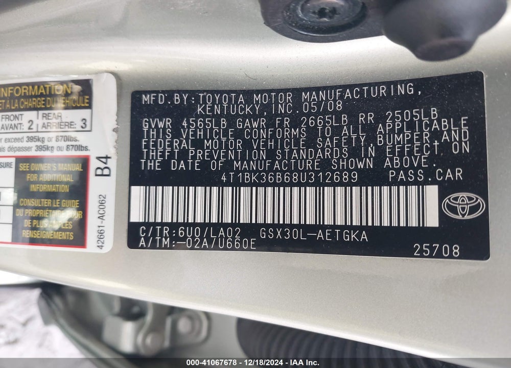 2008 TOYOTA AVALON XLS VIN: 4T1BK36B68U312689