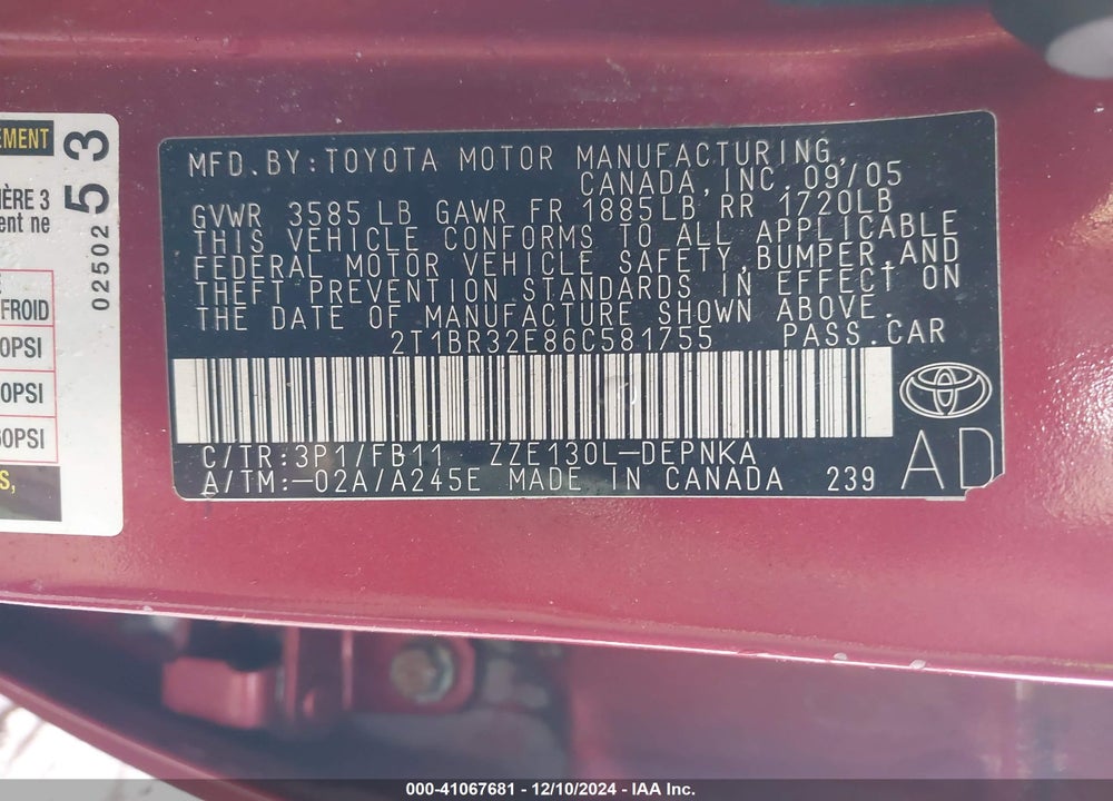 2006 TOYOTA COROLLA LE VIN: 2T1BR32E86C581755