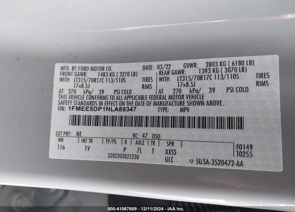 2022 FORD BRONCO BADLANDS VIN: 1FMEE5DP1NLA89347