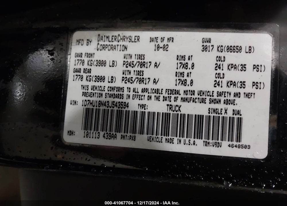 2003 DODGE RAM 1500 SLT/LARAMIE/ST VIN: 1D7HU18N43J543594