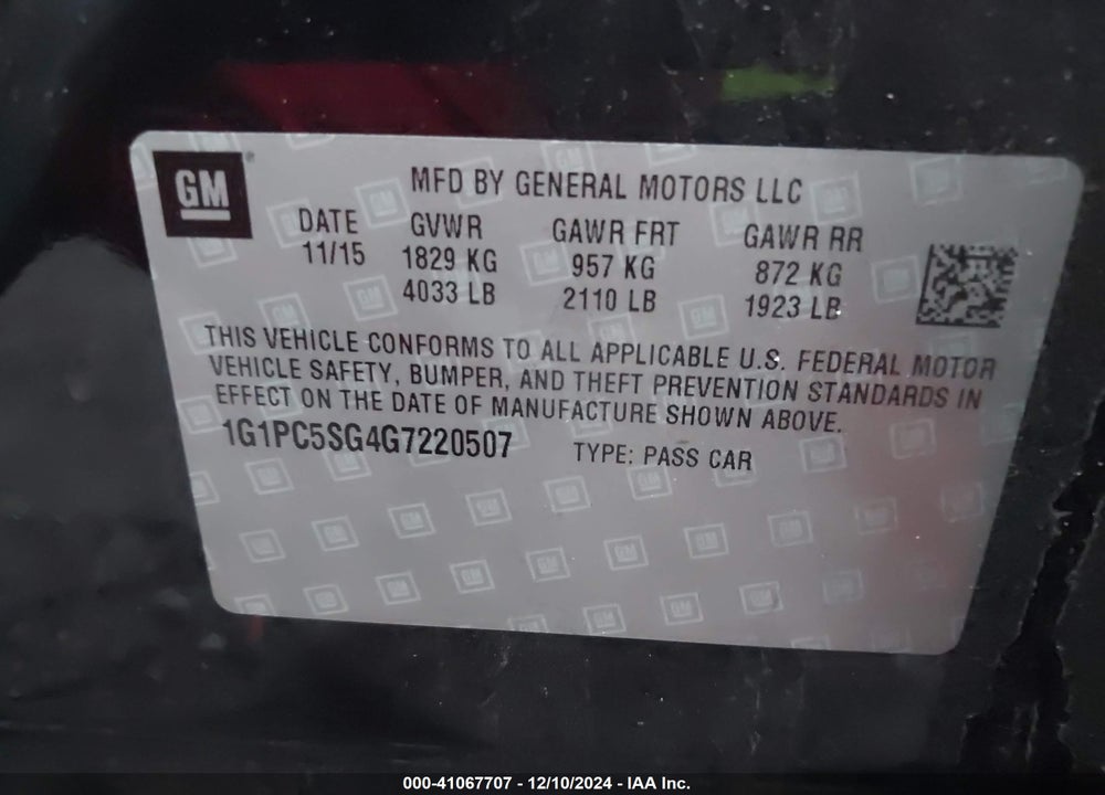 2016 CHEVROLET CRUZE LIMITED LS AUTO VIN: 1G1PC5SG4G7220507