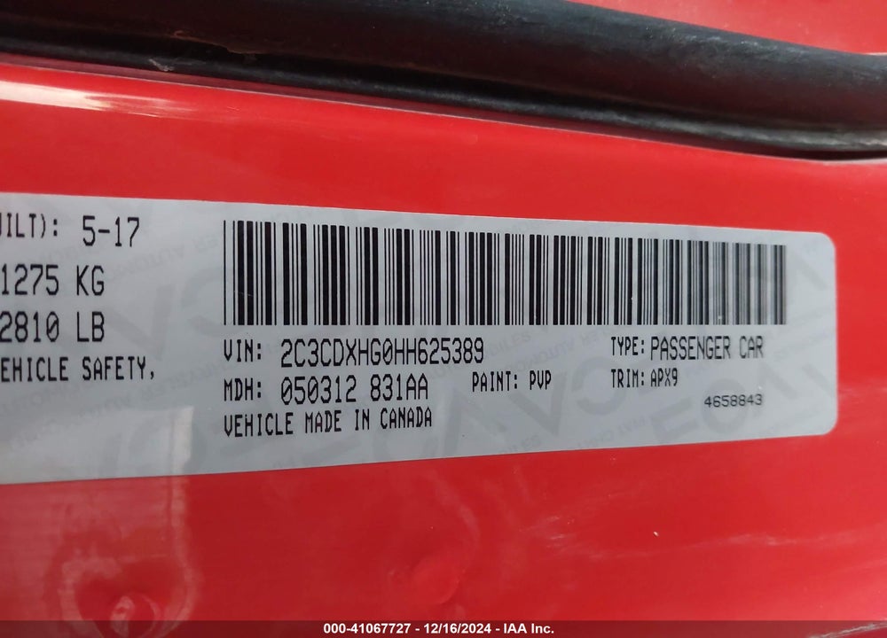 2017 DODGE CHARGER SXT RWD VIN: 2C3CDXHG0HH625389