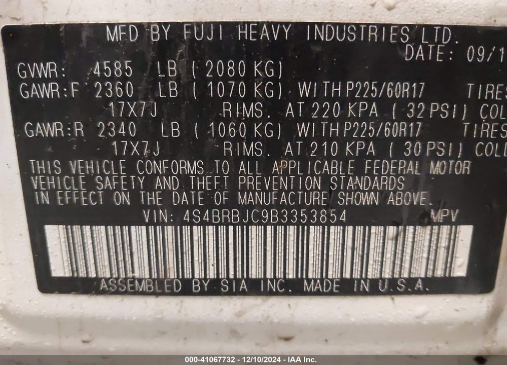 2011 SUBARU OUTBACK 2.5I LIMITED VIN: 4S4BRBJC9B3353854