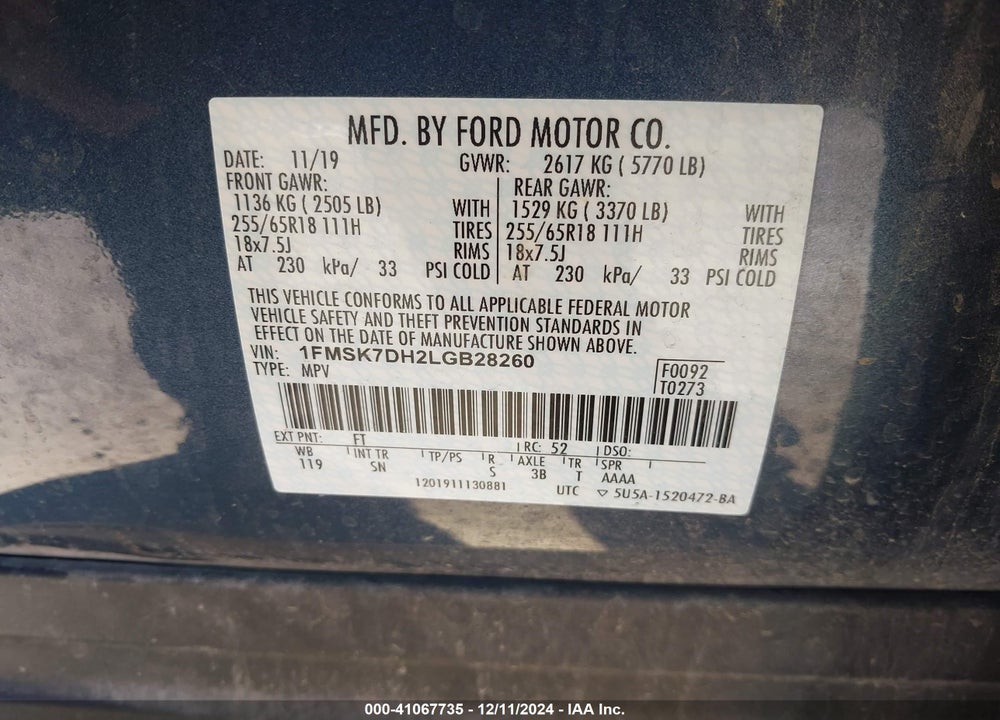 2020 FORD EXPLORER XLT VIN: 1FMSK7DH2LGB28260