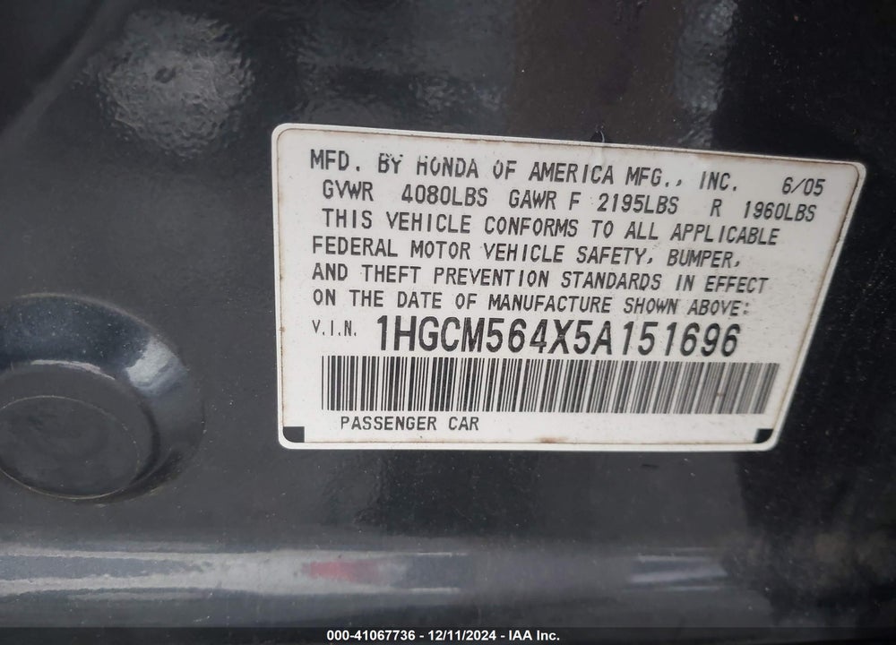 2005 HONDA ACCORD 2.4 LX VIN: 1HGCM564X5A151696