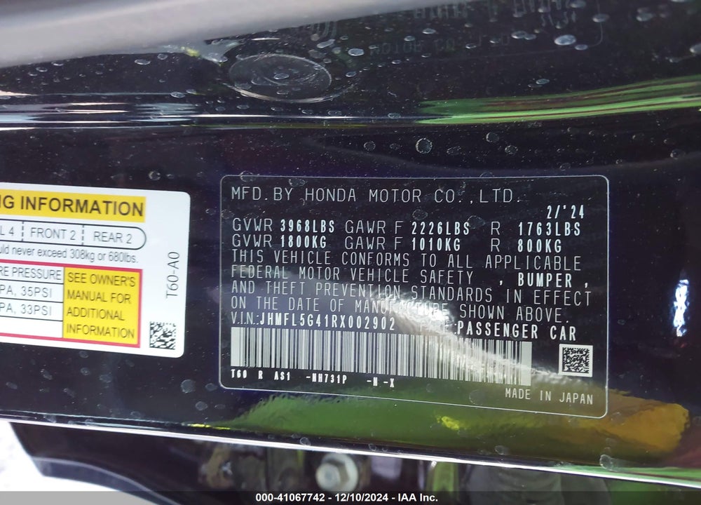 2024 HONDA CIVIC TYPE-R VIN: JHMFL5G41RX002902
