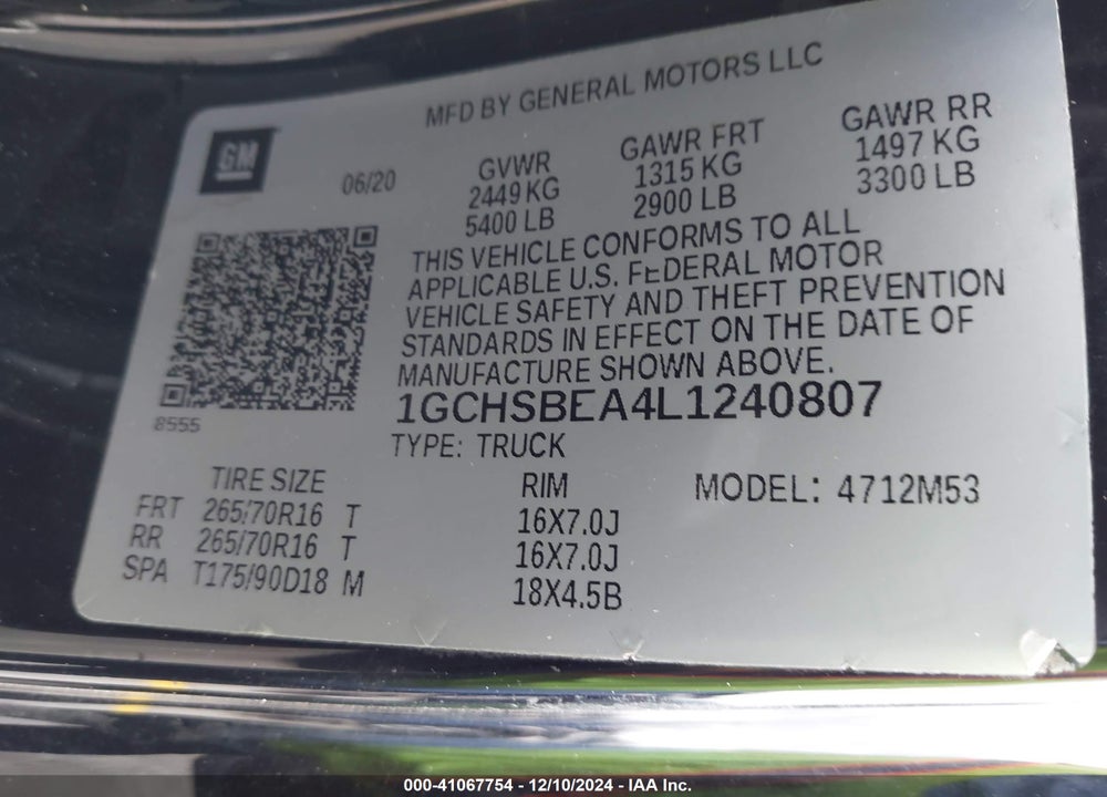 2020 CHEVROLET COLORADO 2WD LONG BOX WT VIN: 1GCHSBEA4L1240807