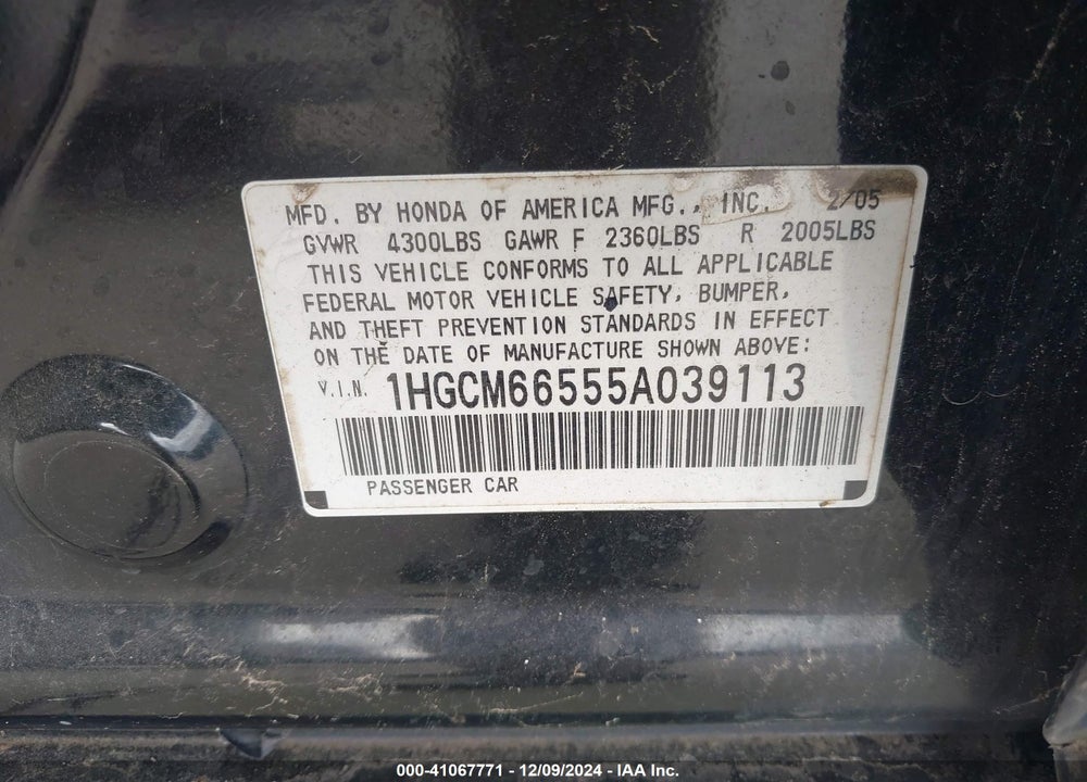 2005 HONDA ACCORD 3.0 EX VIN: 1HGCM66555A039113