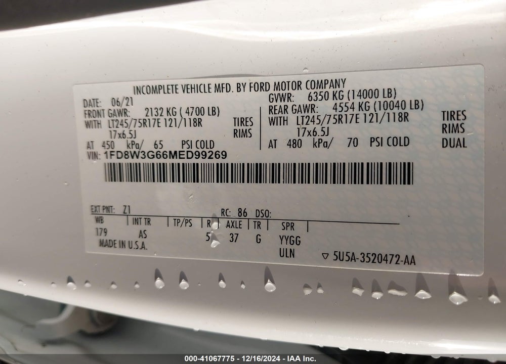 2021 FORD F-350 CHASSIS XL VIN: 1FD8W3G66MED99269