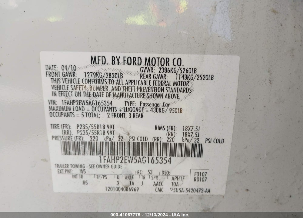 2010 FORD TAURUS SEL VIN: 1FAHP2EW5AG165354