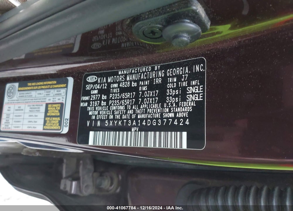 2013 KIA SORENTO LX VIN: 5XYKT3A14DG377424