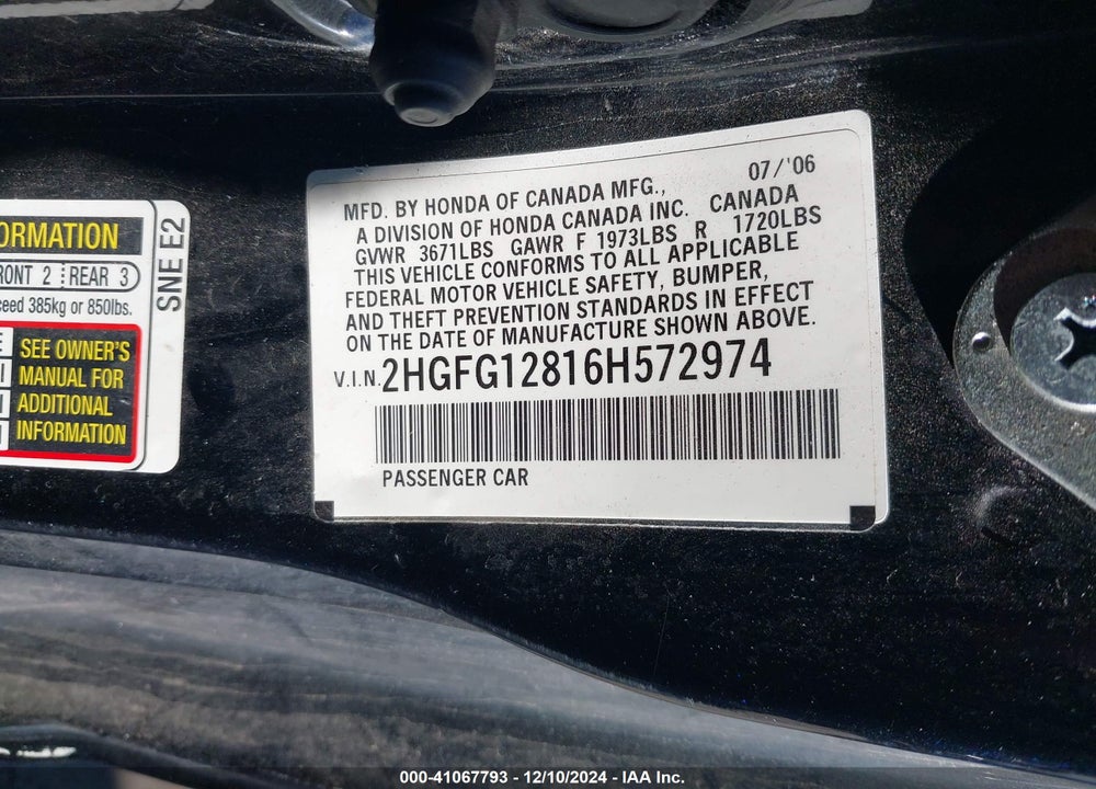 2006 HONDA CIVIC EX VIN: 2HGFG12816H572974