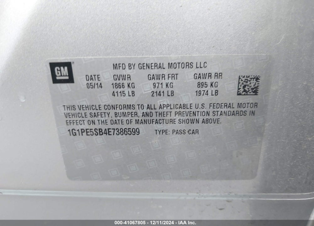 2014 CHEVROLET CRUZE 2LT AUTO VIN: 1G1PE5SB4E7386599