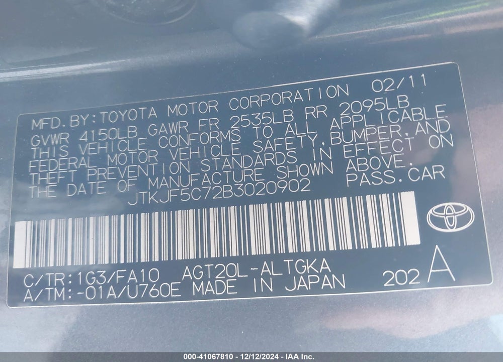 2011 SCION TC VIN: JTKJF5C72B3020902