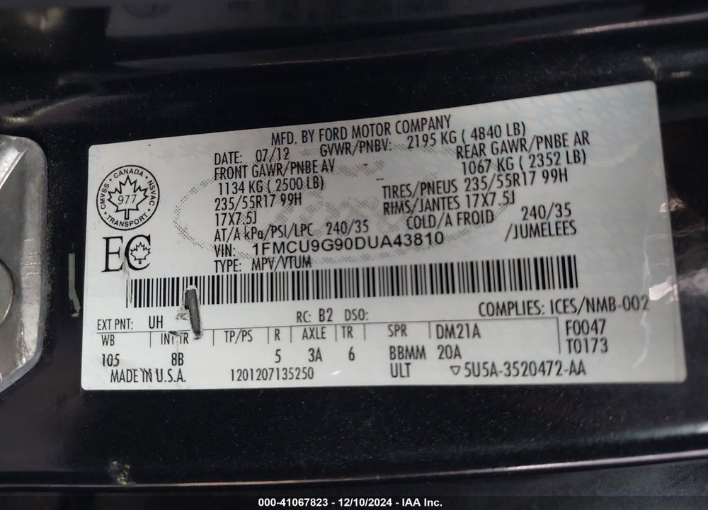 2013 FORD ESCAPE SE VIN: 1FMCU9G90DUA43810
