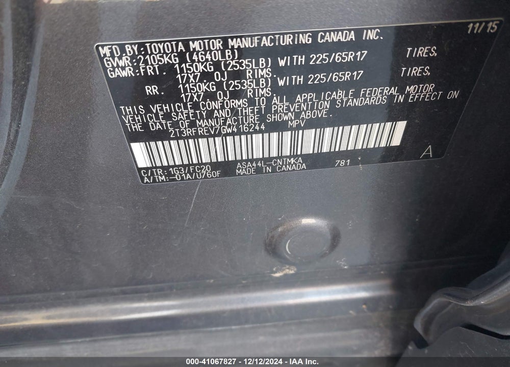 2016 TOYOTA RAV4 XLE VIN: 2T3RFREV7GW416244