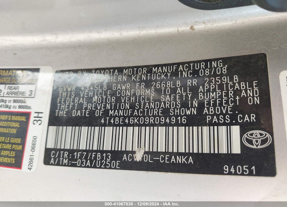 2009 TOYOTA CAMRY VIN: 4T4BE46K09R094916