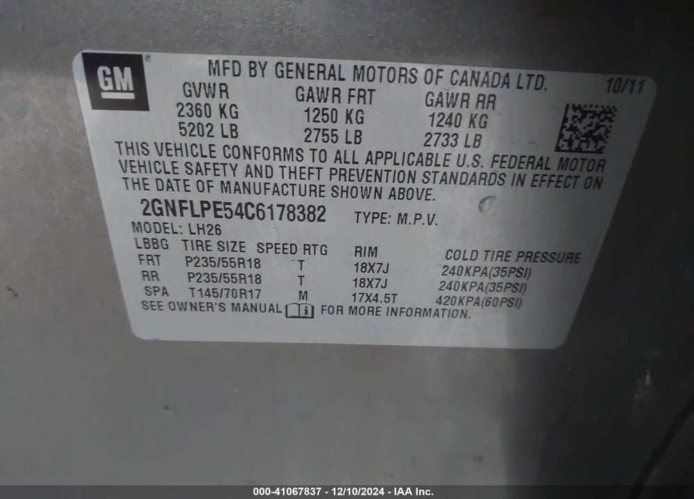 2012 CHEVROLET EQUINOX 2LT VIN: 2GNFLPE54C6178382