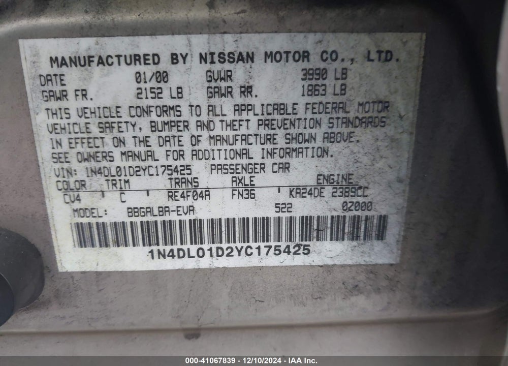 2000 NISSAN ALTIMA GLE/GXE/SE/XE VIN: 1N4DL01D2YC175425