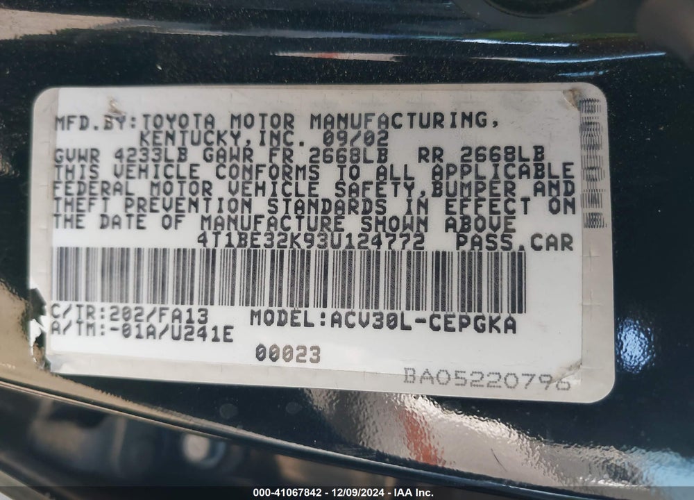 2003 TOYOTA CAMRY XLE VIN: 4T1BE32K93U124772