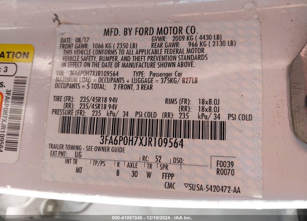 2018 FORD FUSION VIN: 3FA6P0H7XJR109564