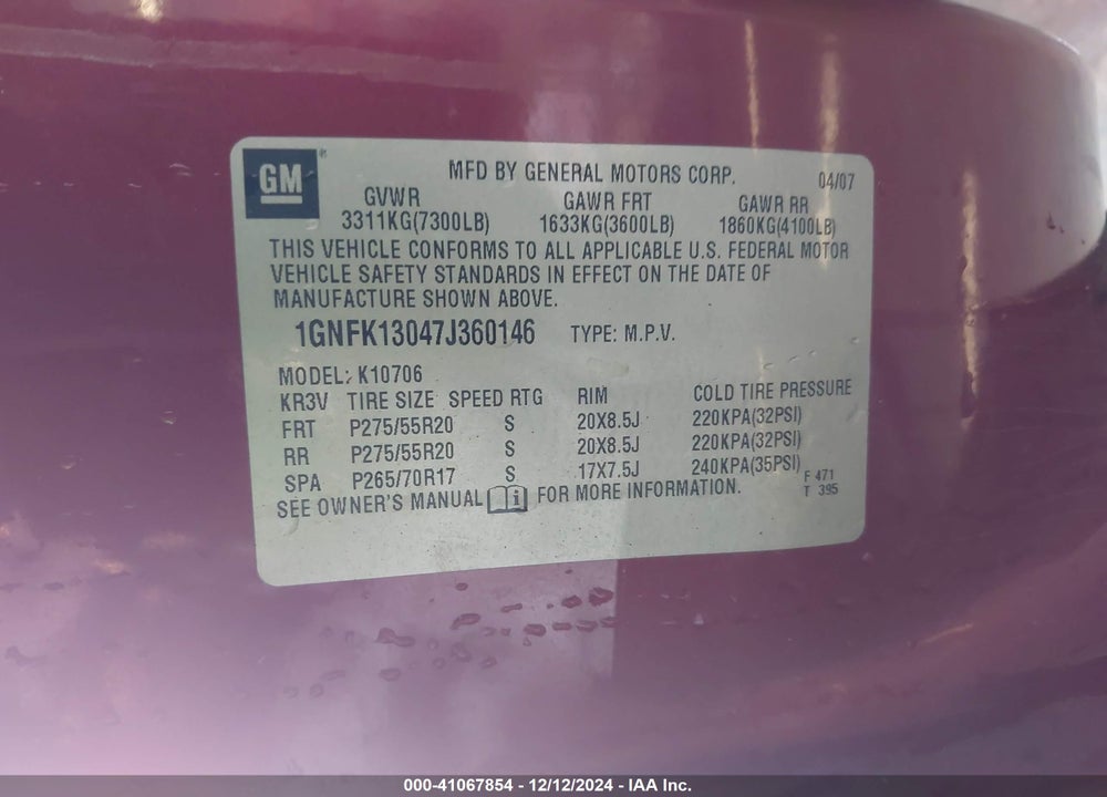 2007 CHEVROLET TAHOE LTZ VIN: 1GNFK13047J360146