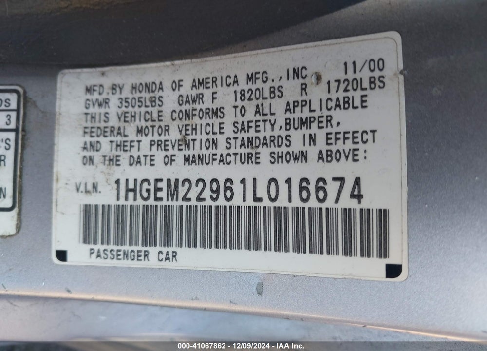 2001 HONDA CIVIC EX VIN: 1HGEM22961L016674
