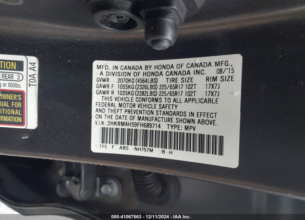 2015 HONDA CR-V EX VIN: 2HKRM4H59FH689714