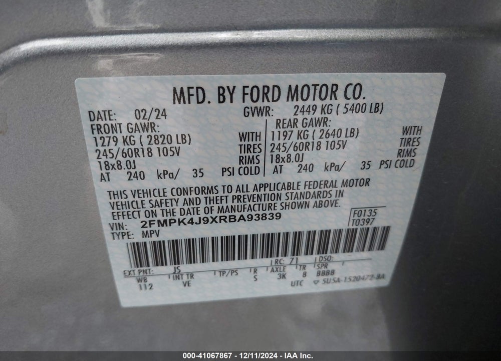 2024 FORD EDGE SEL VIN: 2FMPK4J9XRBA93839