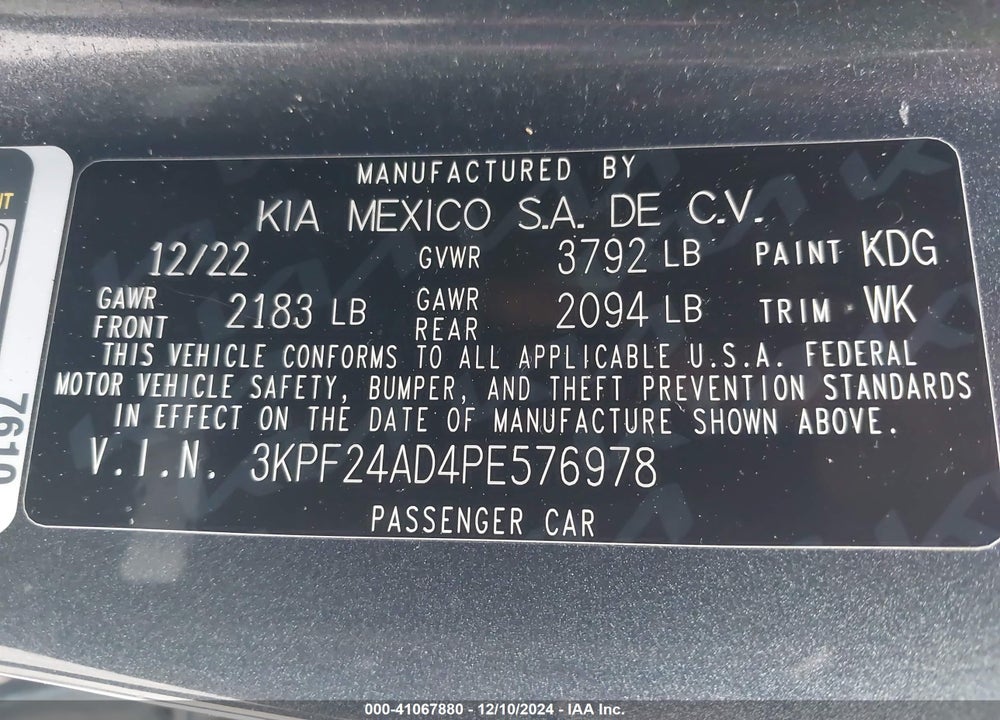 2023 KIA FORTE LXS VIN: 3KPF24AD4PE576978