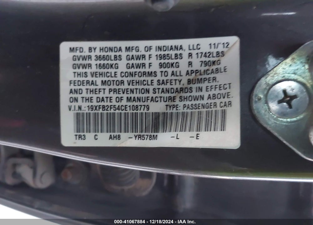 2012 HONDA CIVIC VIN: 19XFB2F54CE108779