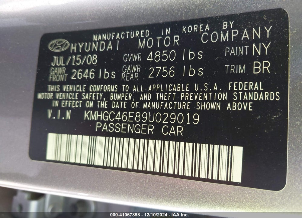 2009 HYUNDAI GENESIS VIN: KMHGC46E89U029019