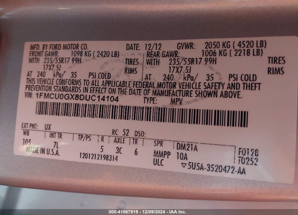 2013 FORD ESCAPE SE VIN: 1FMCU0GX8DUC14104