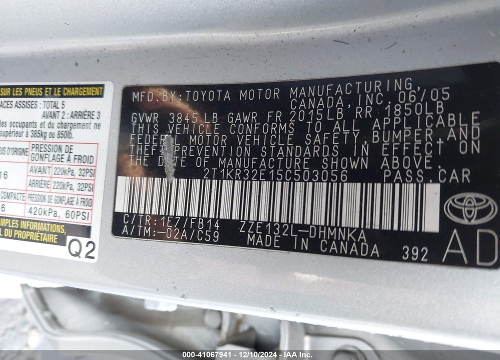 2005 TOYOTA MATRIX/XR VIN: 2T1KR32E15C503056