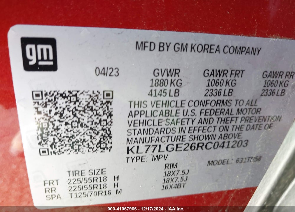 2024 CHEVROLET TRAX FWD 1RS VIN: KL77LGE26RC041203